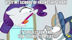 Size: 888x499 | Tagged: safe, edit, edited screencap, screencap, rarity, star swirl the bearded, pony, unicorn, friendship university, g4, duo, female, image macro, male, mare, meme, shouting rarity, stallion