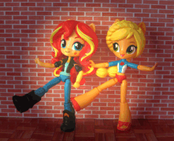 Size: 631x510 | Tagged: safe, artist:whatthehell!?, applejack, sunset shimmer, equestria girls, g4, my little pony equestria girls: better together, animated, classroom, clothes, dancing, doll, equestria girls minis, eqventures of the minis, irl, jacket, pants, photo, shoes, swimsuit, toy