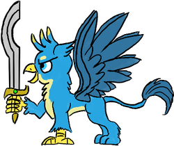 Size: 403x338 | Tagged: safe, artist:horsesplease, gallus, griffon, g4, khopesh, male, simple background, smiling, solo, spread wings, sword, weapon, white background, wings