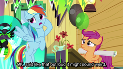 Size: 1280x720 | Tagged: safe, screencap, rainbow dash, scootaloo, pegasus, pony, g4, the washouts (episode), duo, female, filly, foal, mare, poster, subtitles