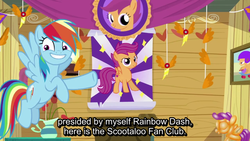 Size: 1280x720 | Tagged: safe, screencap, rainbow dash, scootaloo, pegasus, pony, g4, the washouts (episode), female, flying, mare, scootaloo fanclub, solo, subtitles