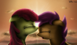 Size: 1280x749 | Tagged: artist needed, source needed, safe, apple bloom, scootaloo, earth pony, pony, g4, crying, duo, duo female, female, implied lesbian