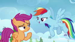 Size: 1280x720 | Tagged: safe, screencap, rainbow dash, scootaloo, pegasus, pony, g4, the washouts (episode), duo, female, filly, flying, foal, lidded eyes, mare