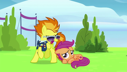 Size: 1280x720 | Tagged: safe, screencap, scootaloo, spitfire, pegasus, pony, g4, the washouts (episode), bitchfire, clothes, duo, female, filly, foal, mare, scared, uniform, wonderbolts dress uniform