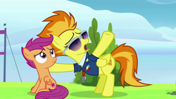 Size: 1280x720 | Tagged: safe, screencap, scootaloo, spitfire, pegasus, pony, g4, the washouts (episode), clothes, female, filly, foal, mare, uniform, whistle, wonderbolts dress uniform