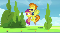 Size: 1280x720 | Tagged: safe, screencap, scootaloo, spitfire, pegasus, pony, g4, the washouts (episode), clothes, duo, eyes closed, female, filly, flying, foal, hug, mare, scootabuse, uniform, wonderbolts dress uniform