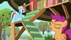 Size: 1280x720 | Tagged: safe, screencap, rainbow dash, scootaloo, pegasus, pony, g4, the washouts (episode), apple tree, duo, female, filly, mare, stairs, tree