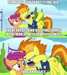 Size: 888x995 | Tagged: safe, edit, edited screencap, screencap, scootaloo, spitfire, pegasus, pony, g4, the washouts (episode), abuse, bitchfire, bully, bullying, clothes, comic, duo, emotional abuse, female, filly, flying dutchman, foal, mare, scaredy pants, scootabuse, scootaloo can't fly, screencap comic, spongebob squarepants, sunglasses, uniform, wonderbolts dress uniform
