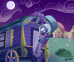 Size: 1117x946 | Tagged: safe, artist:christheblue, starlight glimmer, trixie, pony, unicorn, cape, clothes, cloud, cute, eyes closed, female, kissing, lesbian, mare, moon, night, ponyville, romantic, shipping, smiling, startrix, trixie's cape, trixie's wagon
