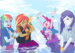 Size: 1024x727 | Tagged: safe, artist:amazingpuffhair, pinkie pie, rainbow dash, rarity, sunset shimmer, equestria girls, g4, my little pony equestria girls: better together, bracelet, clothes, commission, female, geode of empathy, geode of shielding, geode of sugar bombs, geode of super speed, jewelry, magical geodes, splash, splashing, water, wet, wet boots, wet clothes, wet hair