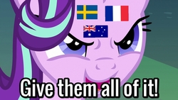 Size: 1280x720 | Tagged: safe, edit, edited screencap, screencap, starlight glimmer, pony, g4, season 8, to where and back again, australia, early release, evil grin, female, flag, france, give her all of it, grin, image macro, meme, meta, politics in the comments, smiling, solo, sweden, text