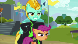 Size: 1280x720 | Tagged: safe, screencap, lightning dust, scootaloo, pegasus, pony, g4, the washouts (episode), clothes, duo, female, filly, foal, mare, raised eyebrow, uniform, washouts uniform