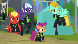 Size: 1280x720 | Tagged: safe, screencap, lightning dust, rolling thunder, scootaloo, short fuse, pegasus, pony, g4, the washouts (episode), clothes, female, filly, flying, foal, group, male, mare, quartet, raised eyebrow, smiling, stallion, the washouts, uniform, washouts uniform
