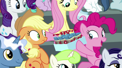 Size: 1280x720 | Tagged: safe, screencap, applejack, aura (g4), cotton cloudy, fluttershy, minty green, moonlight raven, pinkie pie, pokey pierce, polo play, rarity, earth pony, pony, g4, the washouts (episode), "scootaloo's super-difficult stunt" special cupcakes, duo focus, female, las pegasus resident, mare