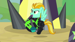 Size: 1280x720 | Tagged: safe, screencap, lightning dust, pegasus, pony, g4, the washouts (episode), clothes, female, flying, helmet, mare, open mouth, solo, uniform, washouts uniform