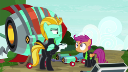 Size: 1280x720 | Tagged: safe, screencap, lightning dust, scootaloo, pegasus, pony, g4, the washouts (episode), bipedal, bipedal leaning, butt, clothes, duo, female, filly, foal, leaning, lightning butt, mare, pint-sized dynamite, plot, rocket, scooter, tape, uniform, washouts uniform