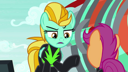 Size: 1280x720 | Tagged: safe, screencap, lightning dust, scootaloo, pegasus, pony, g4, the washouts (episode), clothes, duo, female, filly, foal, mare, pint-sized dynamite, uniform, washouts uniform