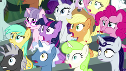 Size: 1280x720 | Tagged: safe, screencap, applejack, aura (g4), cotton cloudy, dark moon, fluttershy, graphite, meadow song, minty green, miss hackney (g4), moonlight raven, neon lights, pinkie pie, pokey pierce, rarity, rising star, sunshower raindrops, twilight sparkle, twinkleshine, alicorn, earth pony, pegasus, pony, unicorn, g4, the washouts (episode), audience, background pony, eating, female, glasses, male, mare, open mouth, puffy cheeks, scooter, shocked, shocked expression, stallion, twilight sparkle (alicorn)