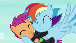 Size: 1280x720 | Tagged: safe, screencap, rainbow dash, scootaloo, pegasus, pony, g4, the washouts (episode), clothes, cute, cutealoo, dashabetes, duo, eyes closed, female, filly, foal, mare, pint-sized dynamite, scootalove, uniform, washouts uniform