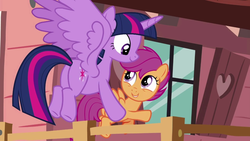 Size: 1280x720 | Tagged: safe, screencap, scootaloo, twilight sparkle, alicorn, pegasus, pony, g4, the washouts (episode), butt, carrying, duo, female, filly, foal, mare, plot, twibutt, twilight sparkle (alicorn)