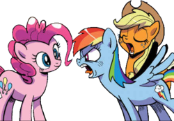 Size: 442x309 | Tagged: safe, artist:pencils, idw, official comic, applejack, pinkie pie, rainbow dash, earth pony, pegasus, pony, g4, spoiler:comic, spoiler:comic69, background removed, female, hat, mare, simple background, transparent background, trio