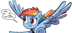 Size: 622x285 | Tagged: safe, artist:pencils, idw, official comic, rainbow dash, pegasus, pony, g4, spoiler:comic, spoiler:comic69, background removed, female, flying, mare, puzzled, reaction image, simple background, solo, spread wings, transparent background, wings, worried smile