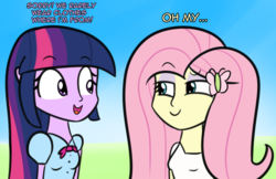 Size: 1280x831 | Tagged: safe, artist:artiks, fluttershy, twilight sparkle, equestria girls, g4, atg 2018, dialogue, duo, duo female, female, newbie artist training grounds, oh my