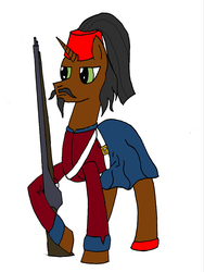 Size: 2449x3265 | Tagged: safe, artist:timejumper, oc, oc only, pony, unicorn, beard, clothes, facial hair, fez, gun, hat, high res, moustache, ottoman, plume, rifle, skirt, soldier, uniform, weapon