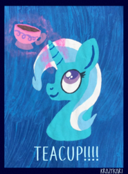 Size: 946x1280 | Tagged: safe, artist:krazykari, trixie, pony, unicorn, g4, bust, female, glowing horn, horn, magic, solo, teacup, telekinesis, that pony sure does love teacups