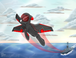 Size: 2962x2274 | Tagged: safe, artist:raspberrystudios, oc, oc only, original species, plane pony, pony, aircraft carrier, awesome, badass, cloud, commission, flight trail, grin, high res, launch, navy, ocean, plane, smiling