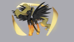 Size: 1920x1080 | Tagged: safe, artist:nsilverdraws, oc, oc only, oc:conquest, horse, pegasus, pony, blonde, colored pupils, conquest, ear piercing, earring, female, flowing mane, flowing tail, four horsemen of the apocalypse, four wings, frown, glowing, glowing hooves, gray background, hoof fluff, jewelry, leg fluff, lidded eyes, looking at you, magic, majestic, makeup, mare, piercing, scabbard, simple background, solo, spread wings, sundown clan, sword, weapon, white eyes, wind, wings