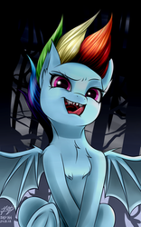 Size: 2500x4000 | Tagged: safe, artist:azerta56, rainbow dash, bat pony, pony, g4, 365 days challenge, bat ponified, chest fluff, female, high res, licking, licking lips, mare, race swap, rainbowbat, sharp teeth, solo, spread wings, teeth, tongue out, underhoof, wings