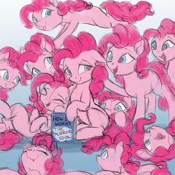 Size: 4000x4000 | Tagged: safe, artist:vanillaghosties, pinkie pie, earth pony, pony, g4, too many pinkie pies, absurd resolution, atg 2018, book, cave, cave pool, clone, eyes closed, female, mare, mirror pool, missing cutie mark, multeity, newbie artist training grounds, pinkie clone, too much pink energy is dangerous