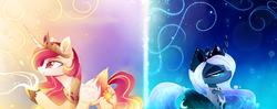Size: 3193x1265 | Tagged: safe, artist:magnaluna, princess celestia, princess luna, alicorn, pony, zefiros codex, g4, alternate design, alternate universe, colored wings, cutie mark, day, duality, ethereal mane, female, jewelry, night, regalia, royal sisters, siblings, sisters, white-haired luna, wingding eyes