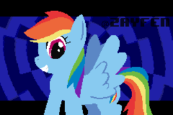 Size: 480x320 | Tagged: safe, artist:zayfen, rainbow dash, pegasus, pony, derpibooru, g4, digital art, earthbound background, female, grin, happy, pixel art, smiling, solo