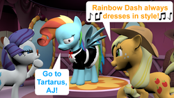 Size: 1920x1080 | Tagged: safe, artist:red4567, applejack, rainbow dash, rarity, g4, 3d, clothes, dress, karma, model, modeling, rainbow dash always dresses in style, rainbow fash, revenge, singing, song reference, source filmmaker, unamused