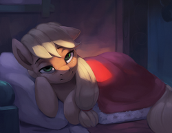 Size: 1100x850 | Tagged: safe, artist:rodrigues404, applejack, earth pony, pony, g4, barn, bed, bedroom, cute, female, freckles, jackabetes, lidded eyes, looking at you, mare, sleepy, solo, tired