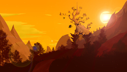 Size: 1920x1080 | Tagged: safe, artist:probaldr, griffon, griffonstone, lens flare, lineless, mountain, scenery, silhouette, sun, sunset, tree, wallpaper, wings