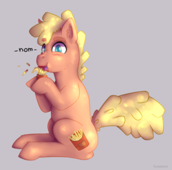 Size: 850x838 | Tagged: safe, artist:fuzzypones, pony, colored, food, ketchup, male, nom, pommes, sauce, simple background, solo
