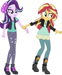 Size: 1638x1980 | Tagged: safe, artist:davidsfire, starlight glimmer, sunset shimmer, equestria girls, equestria girls specials, g4, mirror magic, beanie, boots, clothes, duo, female, geode of empathy, hat, high heel boots, open mouth, pants, shirt, shoes, simple background, transparent background, vector, vest, watch, wristwatch