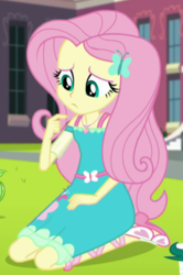 Size: 339x510 | Tagged: safe, screencap, fluttershy, equestria girls, g4, my little pony equestria girls: better together, the finals countdown, belt, clothes, cropped, cutie mark on clothes, dress, eyeshadow, female, fluttershy boho dress, geode of fauna, hairpin, hmm, jewelry, magical geodes, makeup, necklace, open-toed shoes, pink eyeshadow, pink hair, ribbon, sitting, sleeveless, solo, teal eyes, thinking, yellow skin