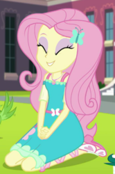 Size: 337x508 | Tagged: safe, screencap, fluttershy, equestria girls, g4, my little pony equestria girls: better together, the finals countdown, clothes, cropped, cute, dress, eyes closed, female, fluttershy boho dress, geode of fauna, legs, shyabetes, skirt, sleeveless, sleeveless dress, smiling, solo