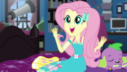 Size: 1280x720 | Tagged: safe, screencap, fluttershy, spike, spike the regular dog, dog, equestria girls, g4, my little pony equestria girls: better together, star crossed, eyes closed, geode of fauna, smiling
