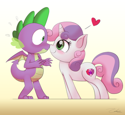Size: 1800x1650 | Tagged: safe, artist:zelc-face, spike, sweetie belle, dragon, pony, unicorn, g4, blushing, boop, cute, cutie mark, diasweetes, female, filly, heart, looking at each other, male, nervous, ship:spikebelle, shipping, smiling, straight, the cmc's cutie marks, winged spike, wings