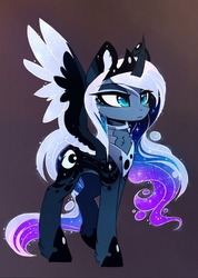 Size: 1042x1460 | Tagged: safe, artist:magnaluna, princess luna, alicorn, pony, zefiros codex, g4, alternate design, alternate hairstyle, alternate universe, armor, beautiful, body markings, chest fluff, colored wings, colored wingtips, crown, ear fluff, ethereal mane, female, flowing mane, jewelry, regalia, solo, white-haired luna