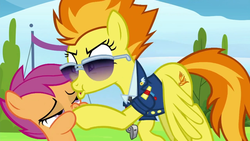 Size: 1280x720 | Tagged: safe, screencap, scootaloo, spitfire, pegasus, pony, g4, the washouts (episode), clothes, duo, faic, female, filly, foal, great moments in animation, mare, out of context, sunglasses, uniform, whistle, wonderbolts dress uniform