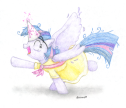 Size: 3221x2782 | Tagged: safe, artist:kirbyliscious, twilight sparkle, alicorn, pony, g4, sweet and elite, clothes, dancing, do the sparkle, dress, eyes closed, female, hat, high res, looking up, majestic as fuck, mare, party hat, signature, simple background, solo, traditional art, twilight sparkle (alicorn), white background