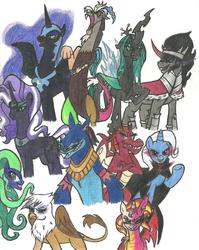 Size: 1700x2136 | Tagged: safe, artist:knightdemon, ahuizotl, discord, garble, gilda, king sombra, mane-iac, nightmare moon, nightmare rarity, queen chrysalis, sunset shimmer, trixie, draconequus, griffon, pony, unicorn, g4, alicorn amulet, antagonist, simple background, traditional art, white background