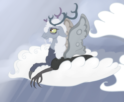 Size: 2529x2086 | Tagged: safe, artist:paskanaakka, derpibooru exclusive, oc, oc only, oc:dysthymia, draconequus, antlers, bags under eyes, cloud, draconequus oc, female, floppy ears, high res, solo