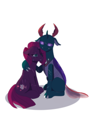 Size: 3024x4032 | Tagged: safe, artist:fallenangel5414, fizzlepop berrytwist, pharynx, tempest shadow, changedling, changeling, g4, broken horn, crack shipping, description is relevant, female, horn, hug, male, mare, pregnant, prince pharynx, ship:tempynx, shipping, simple background, story included, straight, transparent background